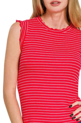 Zenana Ribbed Ruffle Trim Sleeveless Stripe Top OutfitFlow
